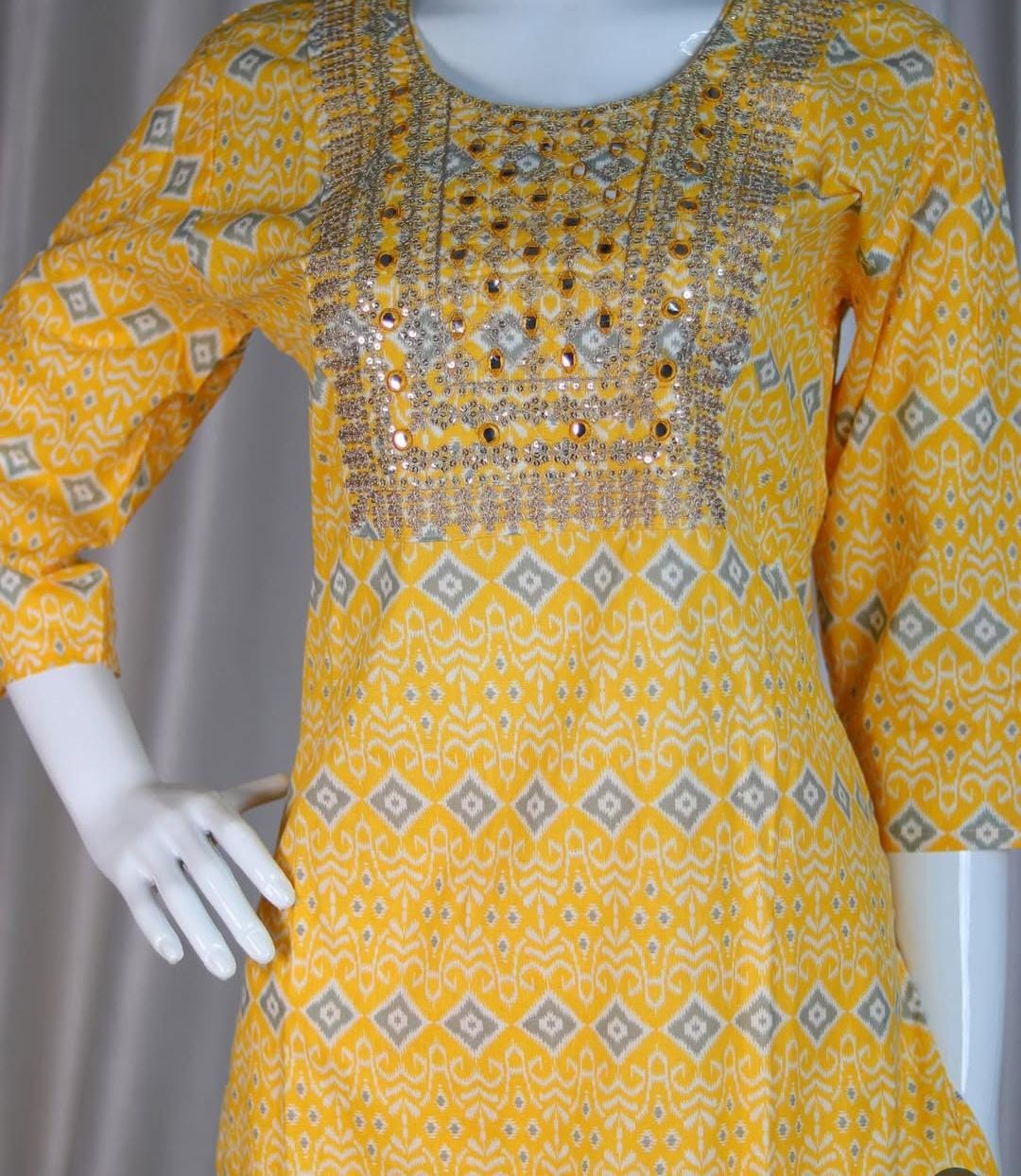YELLOW KURTHI WITH FRONT MIRROR WORK & PANTS (SU - 202)