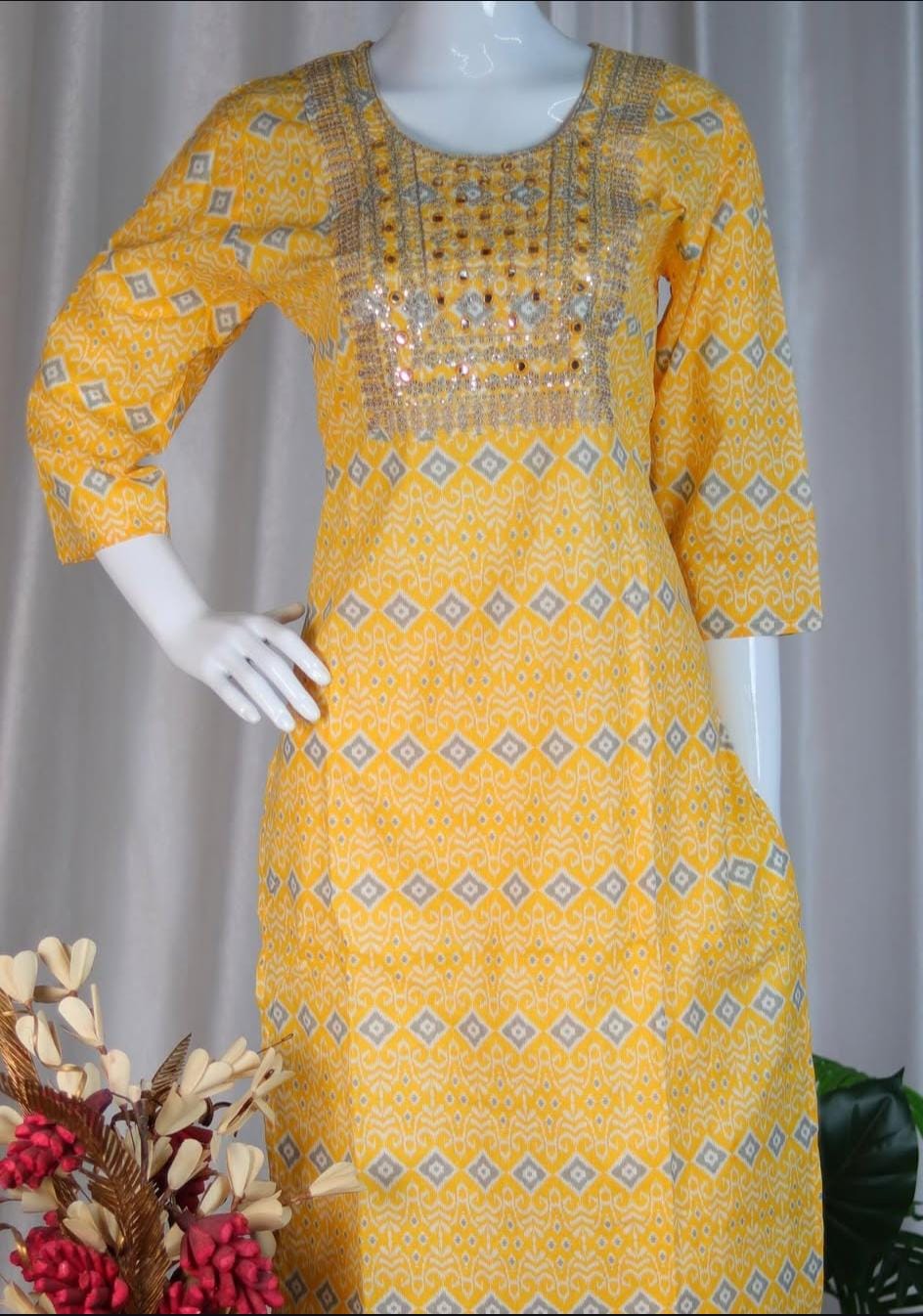 YELLOW KURTHI WITH FRONT MIRROR WORK & PANTS (SU - 202)