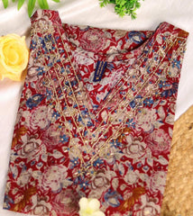 MAROON KURTHI SET WITH BLUE FLORAL EMBROIDERY V NECK (SU- 186)