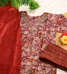 MAROON KURTHI SET WITH BLUE FLORAL EMBROIDERY V NECK (SU- 186)