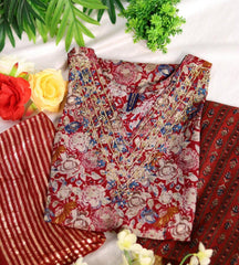MAROON KURTHI SET WITH BLUE FLORAL EMBROIDERY V NECK (SU- 186)