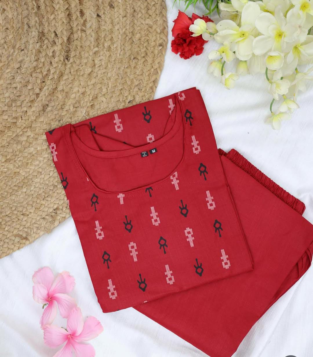 RED TOP WITH BLACK AND WHITE PRINT AND BOTTOM (SU - 182)