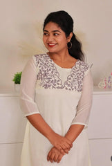 OFF WHITE WITH FRONT BLUE THREAD WORK KURTHI (SU 297)