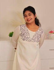 OFF WHITE WITH FRONT BLUE THREAD WORK KURTHI (SU 297)