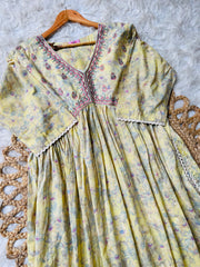 YELLOW FLORAL ALIA CUT KURTHI ( SU 83 )