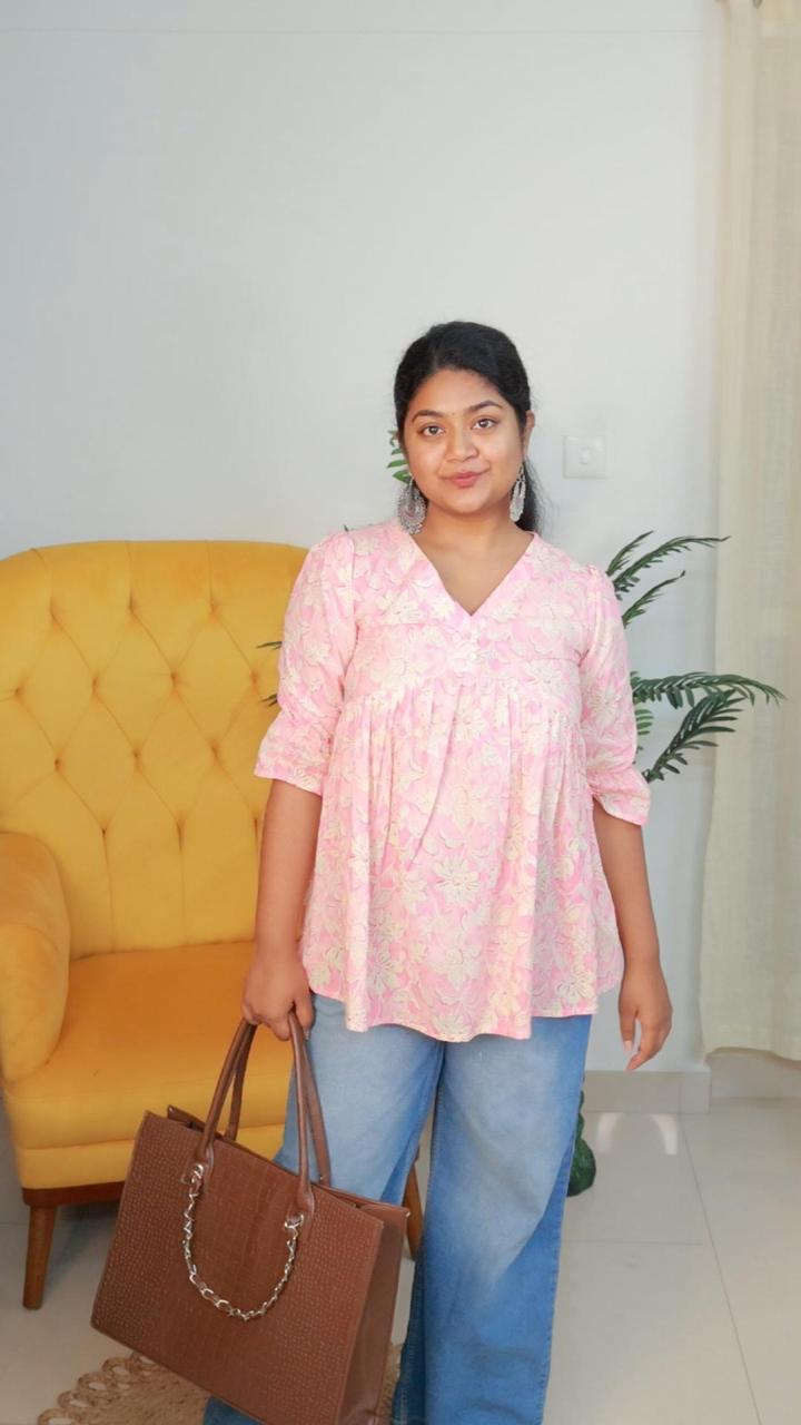 PINK ALIA CUT FLORAL SHORT KURTHI (SU 405)