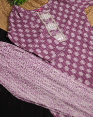 Lavender Block Printed Cotton Kurta Set with Mirror Work Detailing (SU 208)
