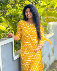 YELLOW ITH WHITE PRINT KURTHI TOP & PANTS (SU 217)