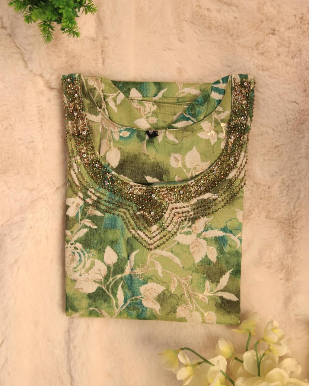GREEN KURTHI TOP WITH NECK SEQUENCE WORK (SU 167)