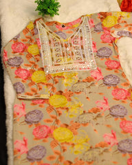 GREY  KURTHI SET WITH YELLOW ,PINK FLORAL PRINT (SU 172)