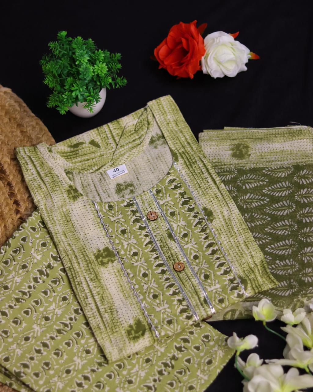 LIGHT GREEN KURTHI SET WITH FRONT BUTTONS (SU 177)