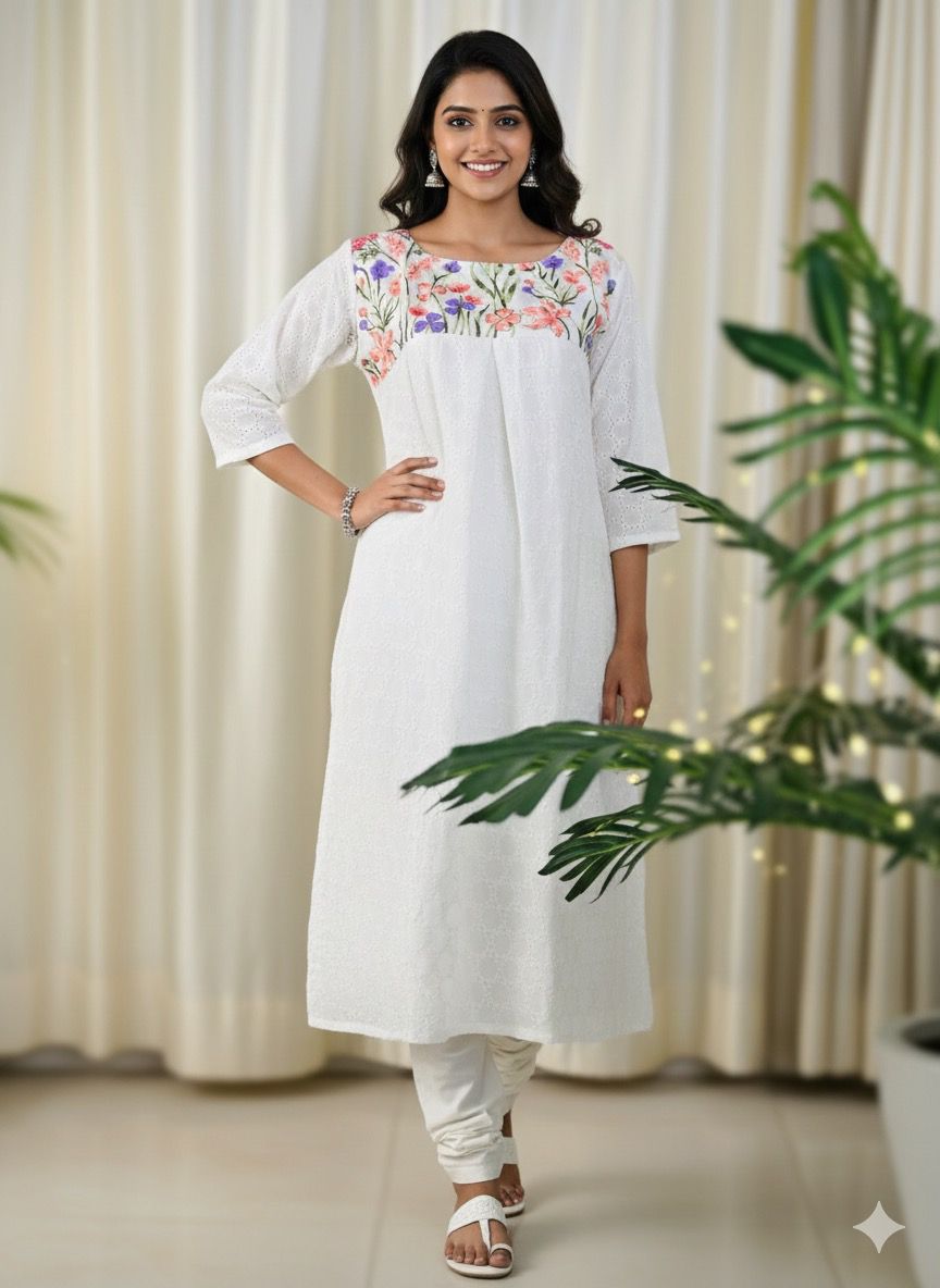 WHITE HAKOBA TOP WITH FLORAL ROUND NECK (SU 301)
