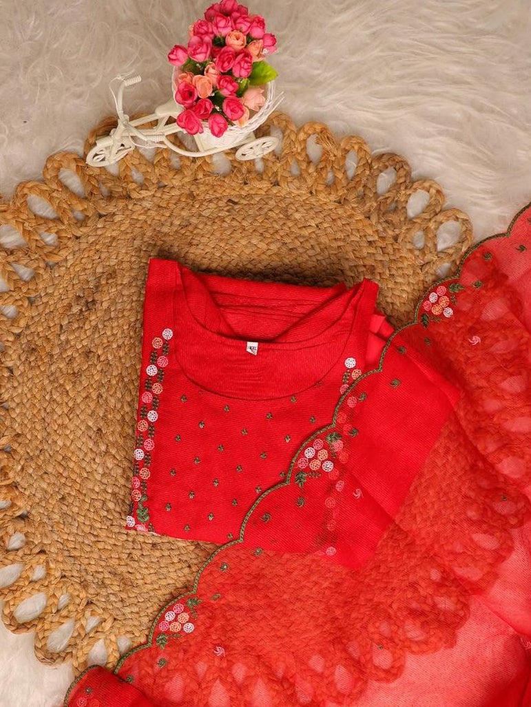 RED  KURTHI SET WITH EMBROIDERY WORK 3 PIECE SET (SU 304)