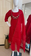 RED  KURTHI SET WITH EMBROIDERY WORK 3 PIECE SET (SU 304)