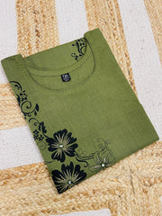 OLIVE GREEN WITH BLACK FLORAL PRINT KURTHI (SU 627)