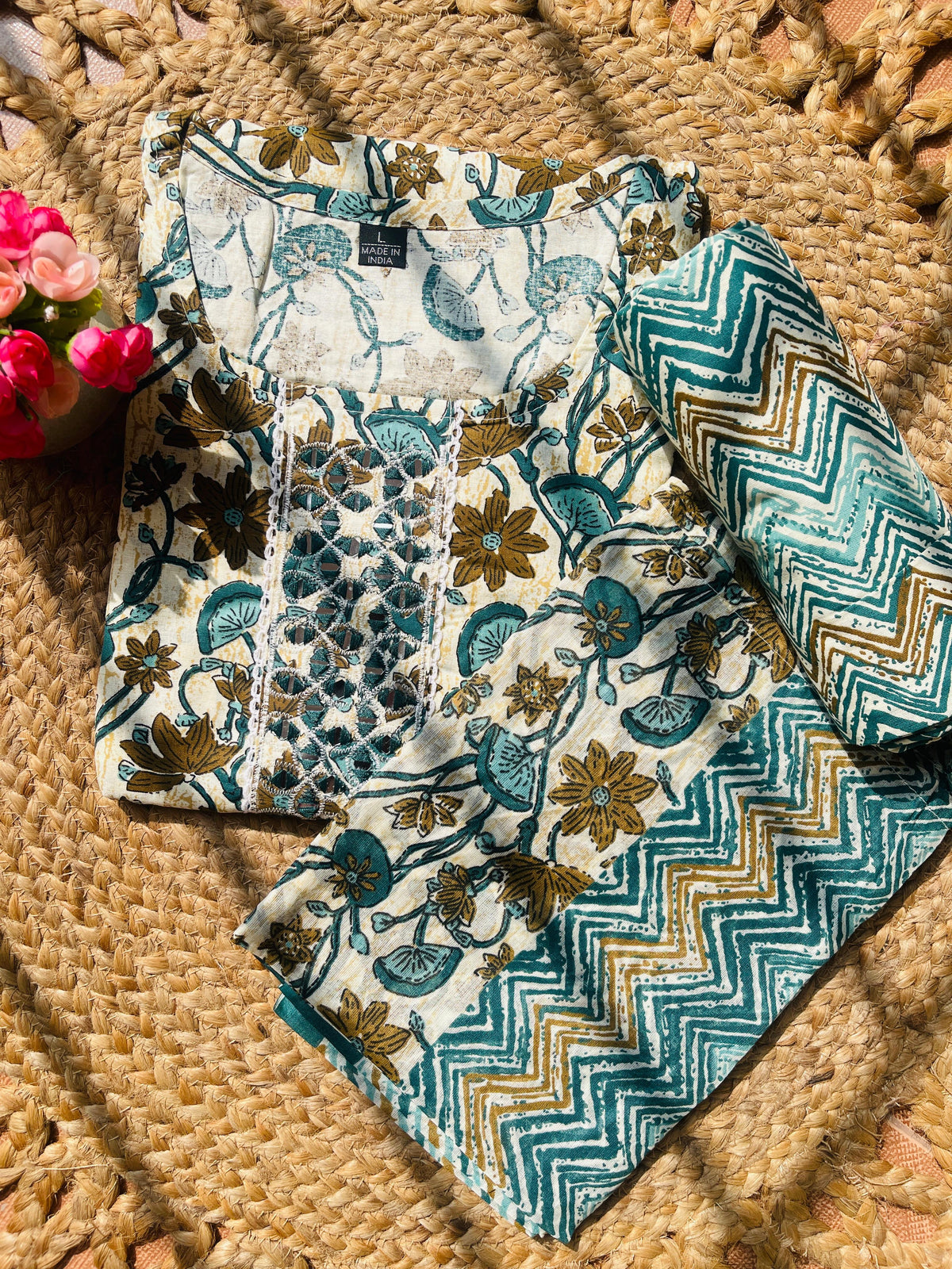 OPAL GREEN WITH BROWN FLORAL COTTON 3 PIECE SET (SU 628)