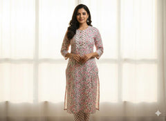 PEACH FLORAL COTTON KURTHI SET (SU 615)