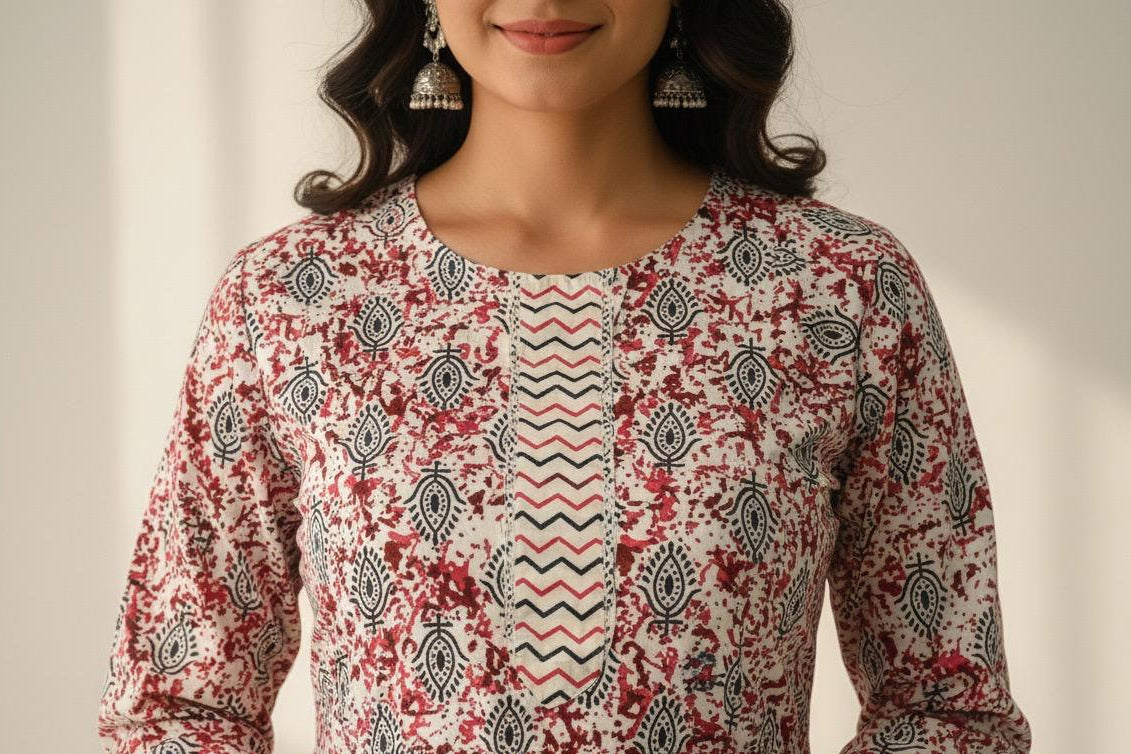RED WITH BLUE HANDBLOCK PRINTED COTTON KURTHI SET (SU 619)
