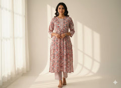 RED WITH BLUE HANDBLOCK PRINTED COTTON KURTHI SET (SU 619)
