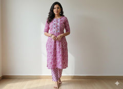 PINK FLORAL PRINT WITH WOODEN BUTTON KURTHI SET ((SU 647)