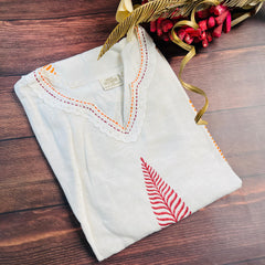 KHADI COTTON WHITE WITH ORANGE & RED LEAF PRINT TOP (SU 341)