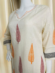 KHADI COTTON WHITE WITH ORANGE & RED LEAF PRINT TOP (SU 341)