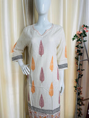 KHADI COTTON WHITE WITH ORANGE & RED LEAF PRINT TOP (SU 341)