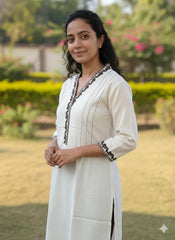 KHADI WHITE WITH BLACK THREAD SHORT KURTHI (SU 672)