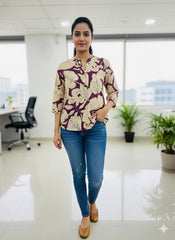 EARTHY LEAF PRINT BUTTON NECK SHORT KURTHI (SU 669)