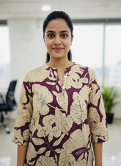 EARTHY LEAF PRINT BUTTON NECK SHORT KURTHI (SU 669)