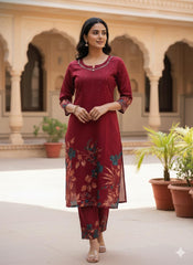 MAROON FLORAL GRACE KURTHI SET (SU 670)
