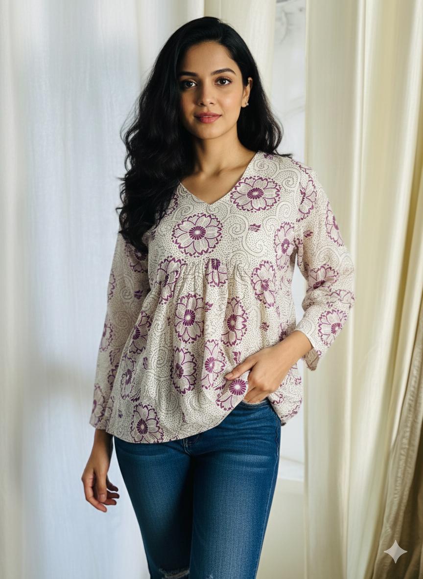 WHITE WITH VOILET FLORAL SHORT TOP (SU 678)