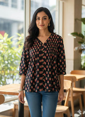 BLACK WITH MAJENTA FLORAL SHORT KURTHI (SU 684)