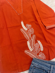 ORANGE WITH WHITE THREAD V NECK SHORT KURTHI (SU 702)