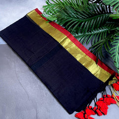 BLACK WITH GOLD & RED BORDER MUL COTTON SAREE ( SU 744)