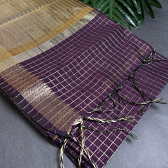 DEEP PURPLE WITH GOLDEN CHECK DESIGN SILK COTTON SAREE (SU 737)