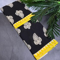 HANDCRAFTED BLACK WITH YELLOW PAISLEY PRINT COTTON LINEN SAREE (SU 739)