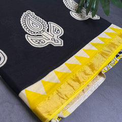 HANDCRAFTED BLACK WITH YELLOW PAISLEY PRINT COTTON LINEN SAREE (SU 739)