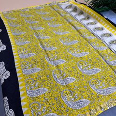 HANDCRAFTED BLACK WITH YELLOW PAISLEY PRINT COTTON LINEN SAREE (SU 739)