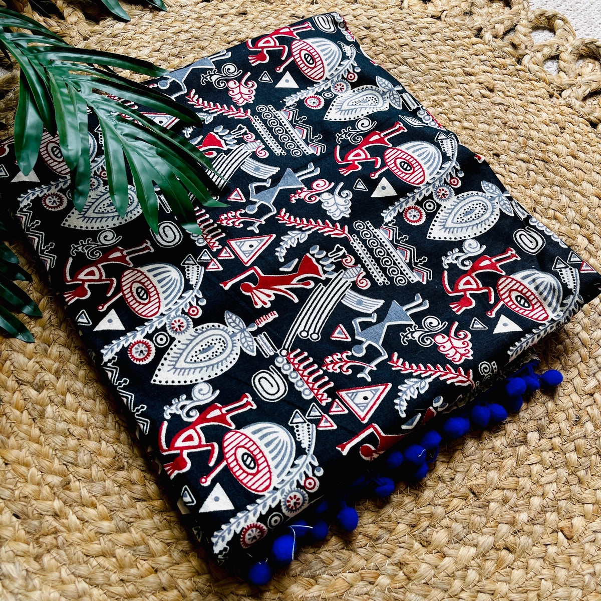 BLACK KALAMKARI ART WITH BLUE POM-POM LACE BORDER SAREE (SU 740)