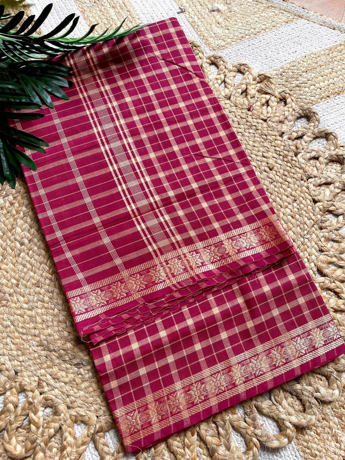 WINE MAROON CHECKED COTTON SAREE WITH GLOD WOVEN BORDER (SU 755)