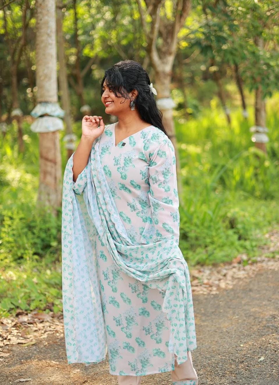 Georgette Grey Salwar Set with Green Floral Print - SU 147