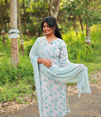 Georgette Grey Salwar Set with Green Floral Print - SU 147