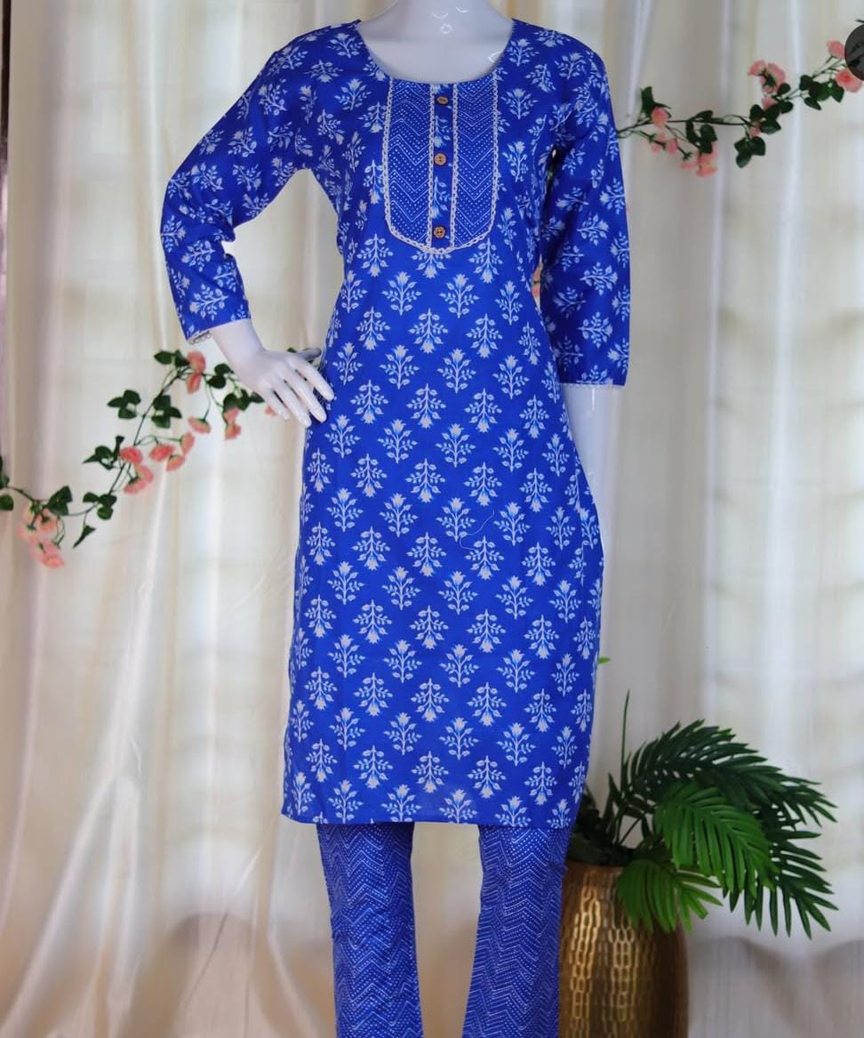 BLUE WITH WHITE PRINT DAILY WEAR KURTHA SET  (SU 234)