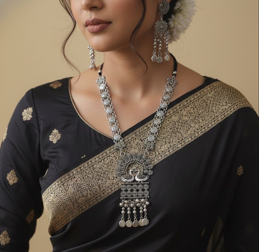 Antique Silver Oxidized Necklace & Earrings Set with Swan Motif (SJ 41)