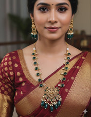 Traditional Temple Design Necklace with Earrings – Green, white & Gold (SJ 67)