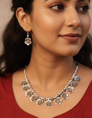 Oxidized Silver Floral Choker Necklace Set with Earrings