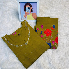 OLIVE FLORAL MIRROR NECK CO ORD SET (SU 664)