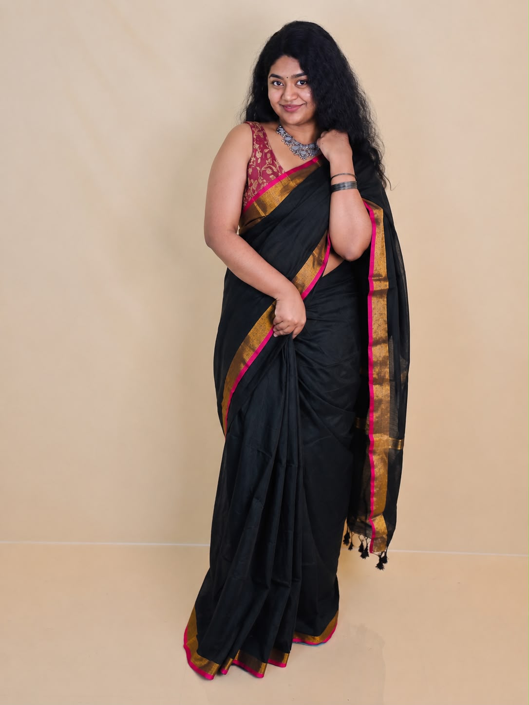 Pink and golden dual border black cotton saree (SU 801)