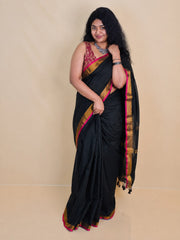 Pink and golden dual border black cotton saree (SU 801)